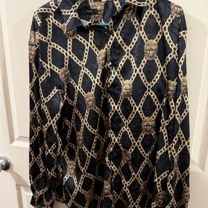 Pavini Baroque Chain Print Button-Down Shirt Black/Gold